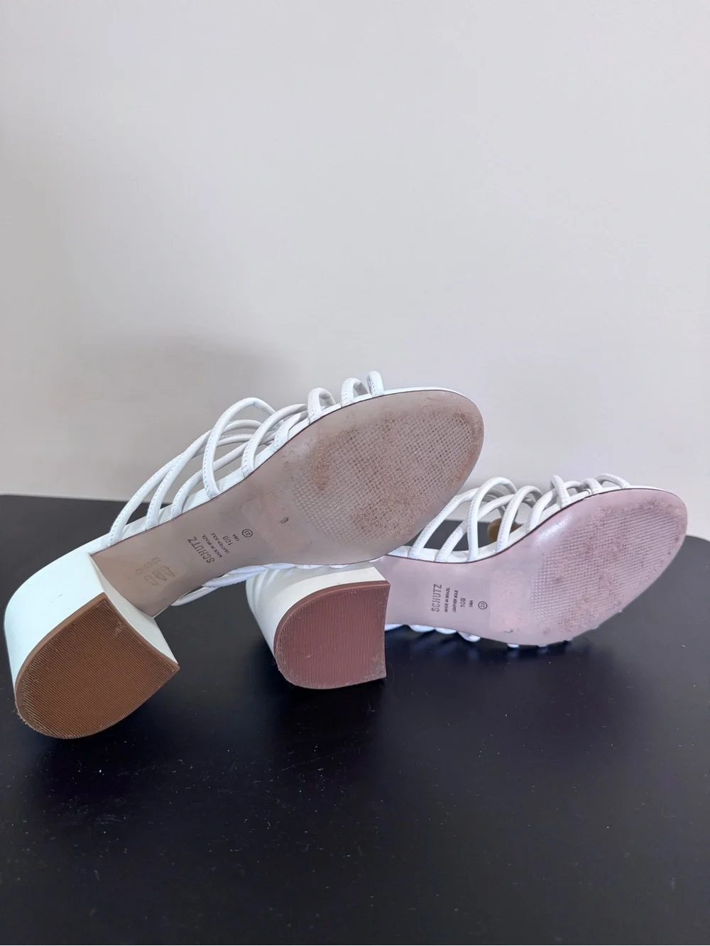 SCHUTZ Roanna White Strappy Block Heel Sandles with Tan Bead Accents